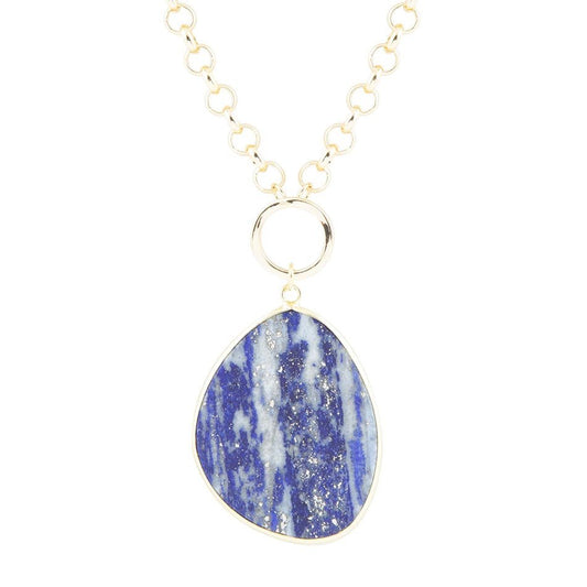 Barse Blue Lapis Slab Pendant Golden Necklace