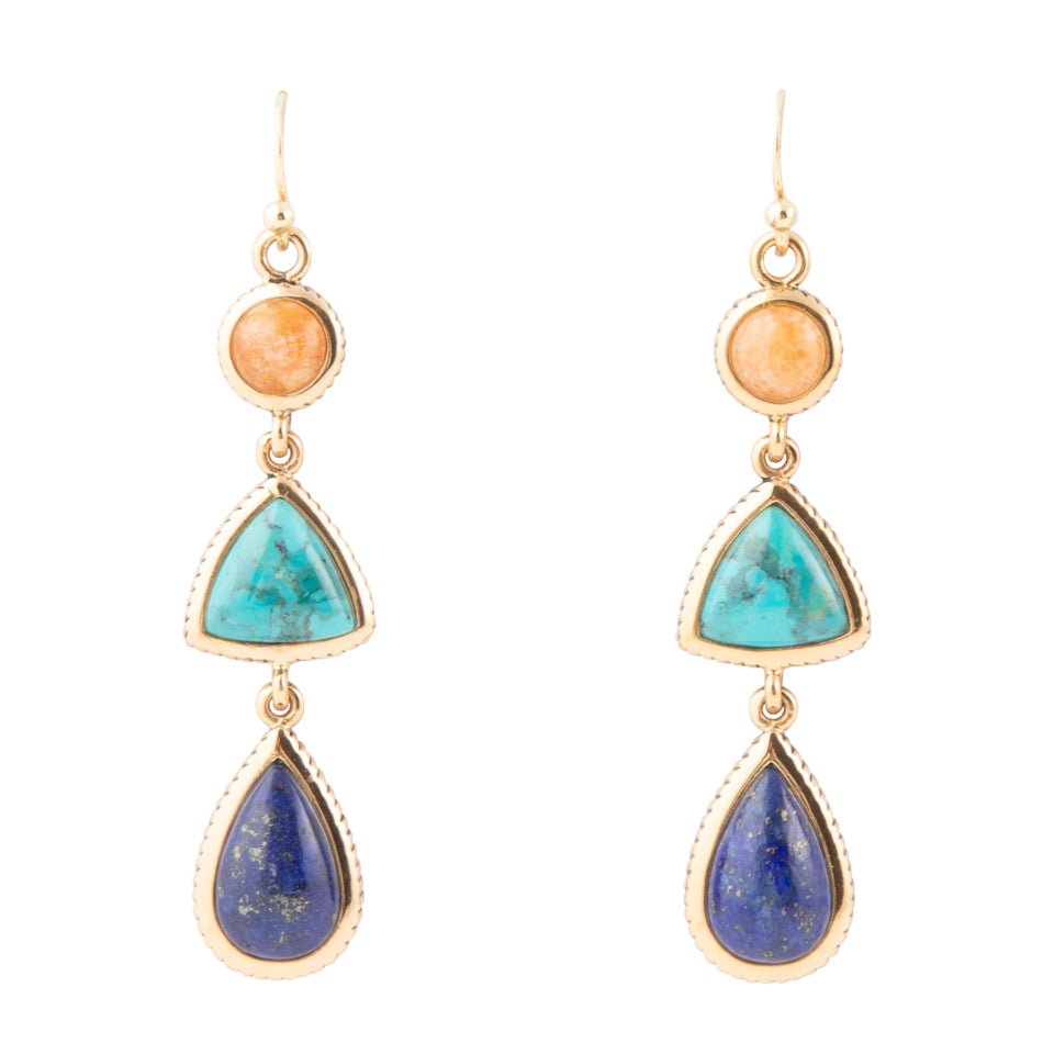 Barse Blue Lapis, Turquoise and Orange Sponge Coral Golden Drop Earrings