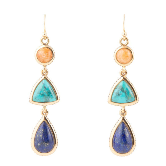 Barse Blue Lapis, Turquoise and Orange Sponge Coral Golden Drop Earrings