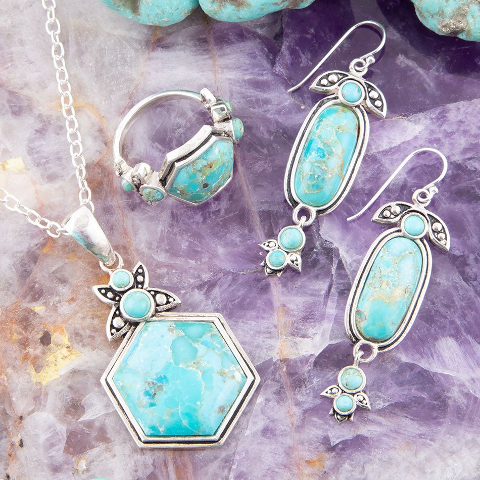 Barse Blue Turquoise and Sterling Silver Hexagon Pendant Necklace