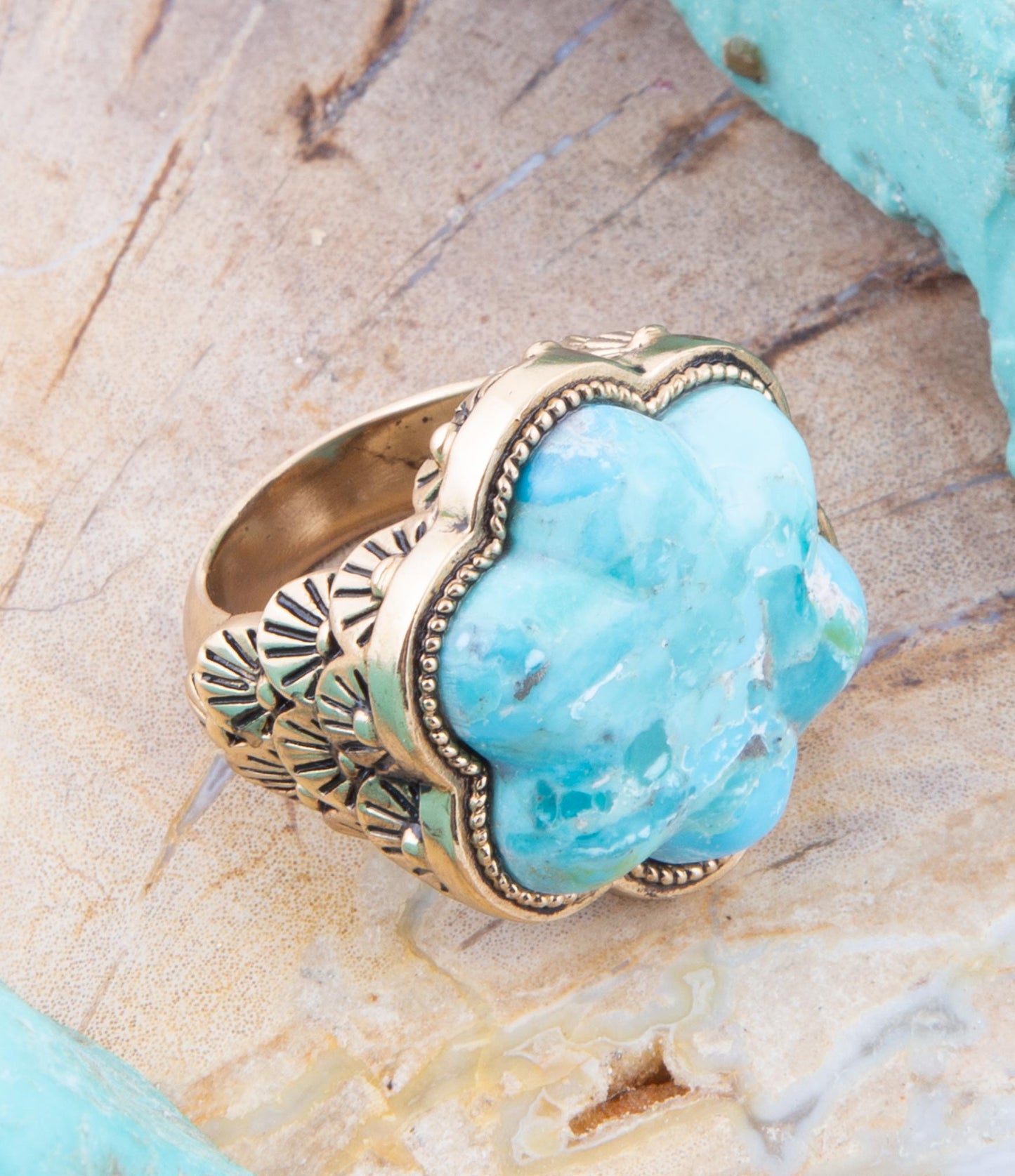 Blue Turquoise Flower Golden Ring