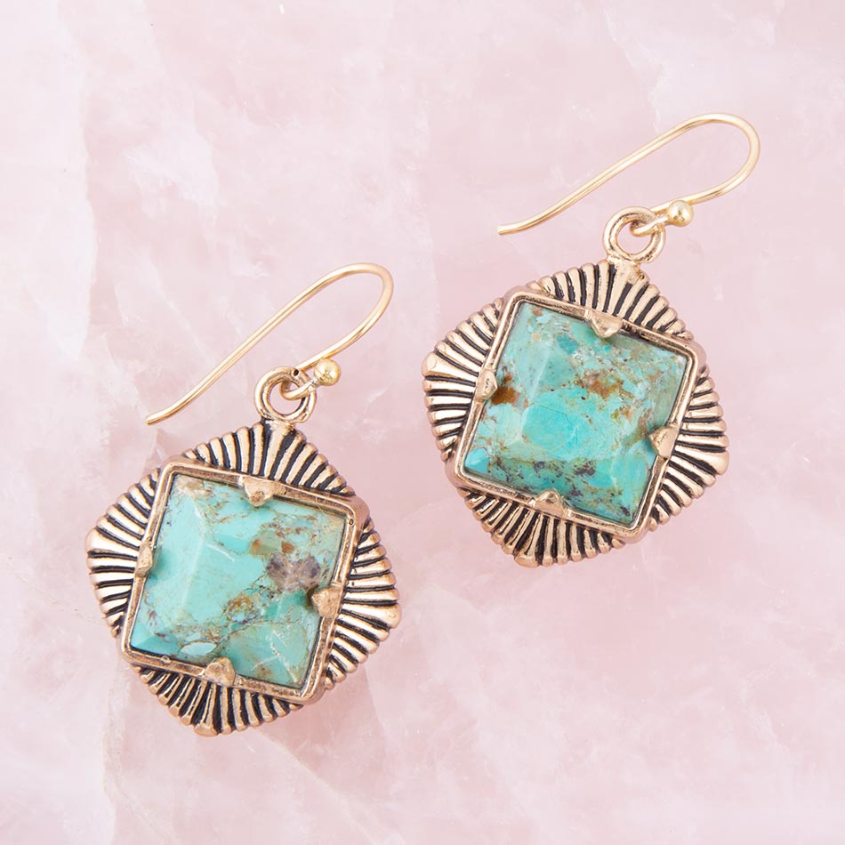 Blue Turquoise Square Stone Golden Drop Earrings