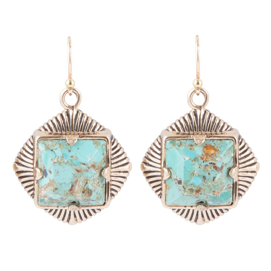 Blue Turquoise Square Stone Golden Drop Earrings