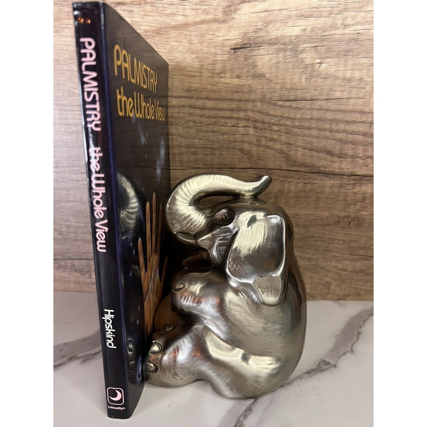Vtg Elephant Bookend Doorstop Paperweight MCM Silver Gold Trunk Up Elephant