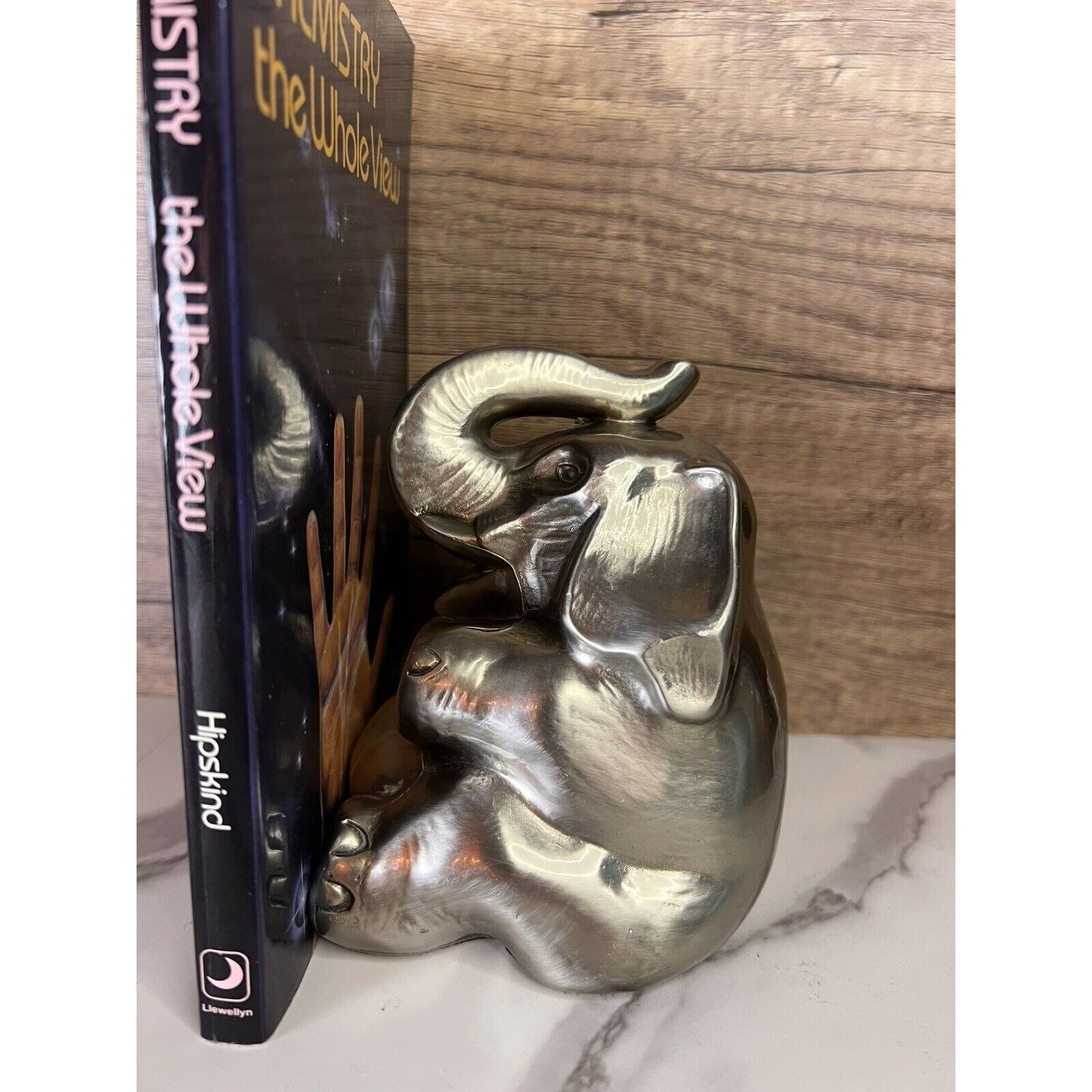 Vtg Elephant Bookend Doorstop Paperweight MCM Silver Gold Trunk Up Elephant