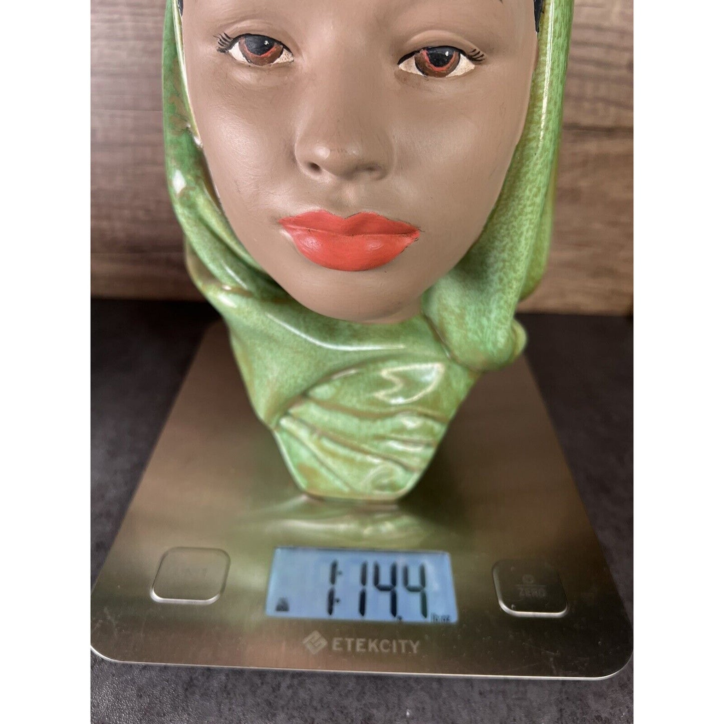 Vintage Female Head Bust Hand Painted Chalk Ware Green Head Scarf Ceramic