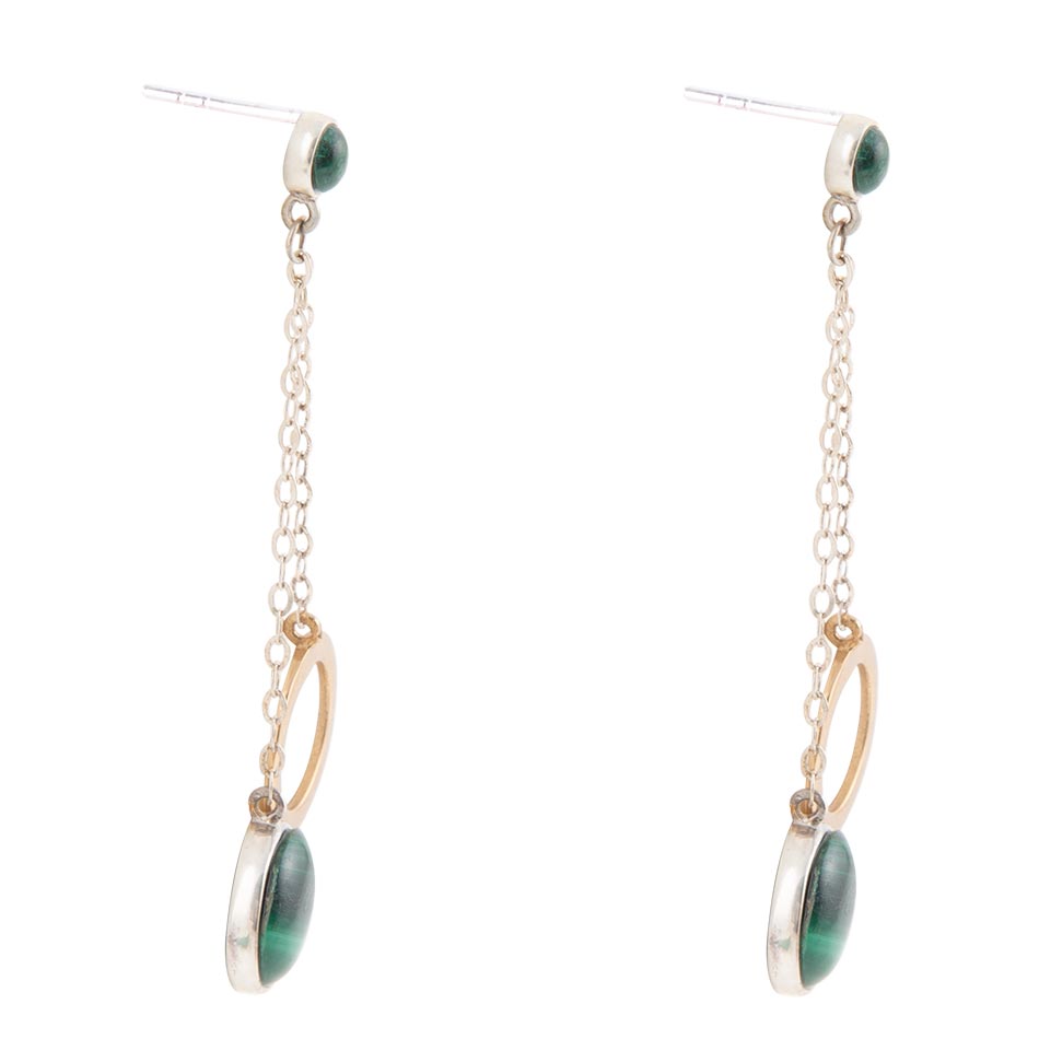 Circle Green Malachite and Two-Toned Metal Dangle Earrings