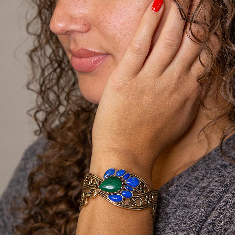 Barse Cognate Green Malachite and Blue Lapis Golden Cuff Bracelet