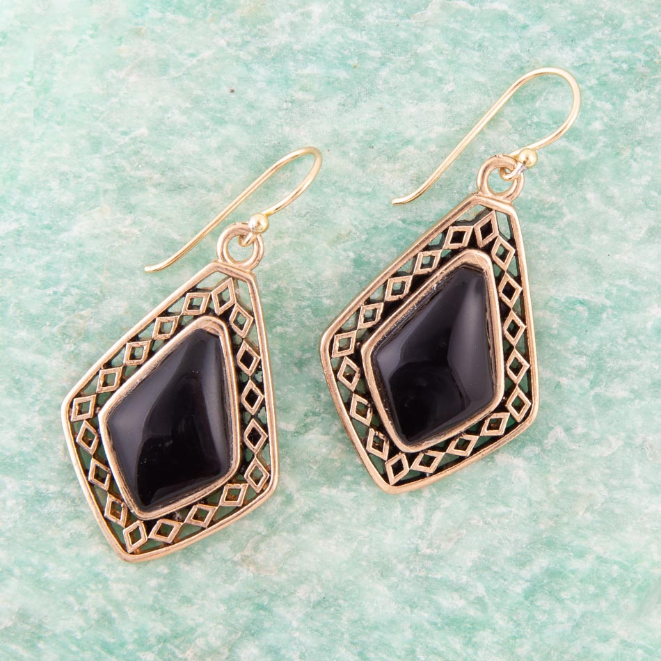 Barse Diamond Black Onyx Stone Golden Drop Earrings