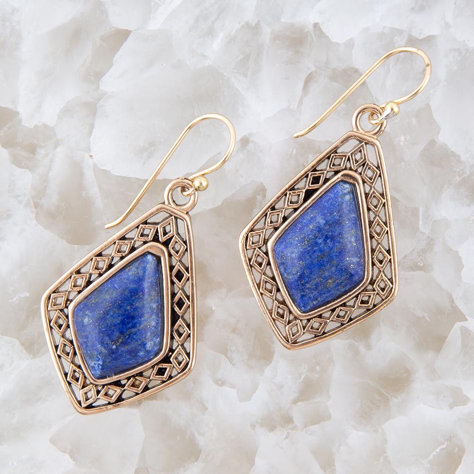 Barse Diamond Blue Lapis Stone Golden Drop Earrings