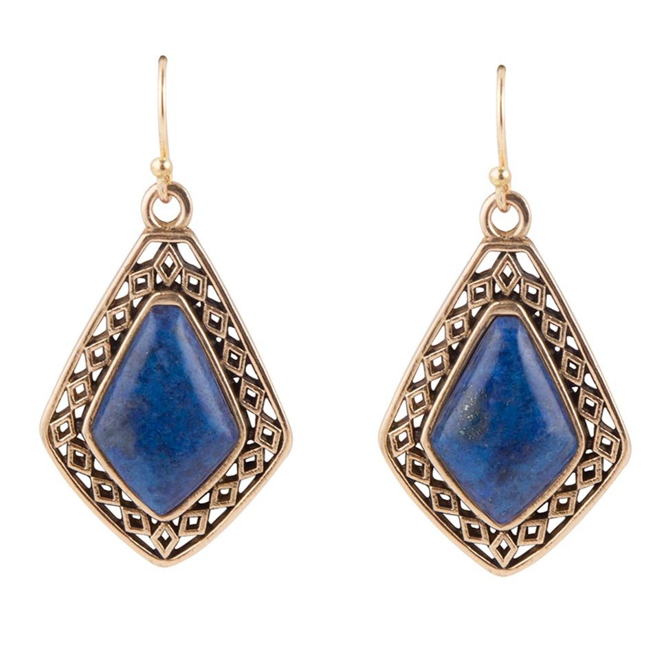 Barse Diamond Blue Lapis Stone Golden Drop Earrings