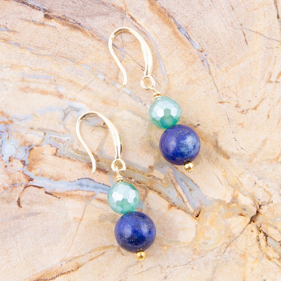 Barse Dreamy Blue Lapis Green Golden Drop Earrings