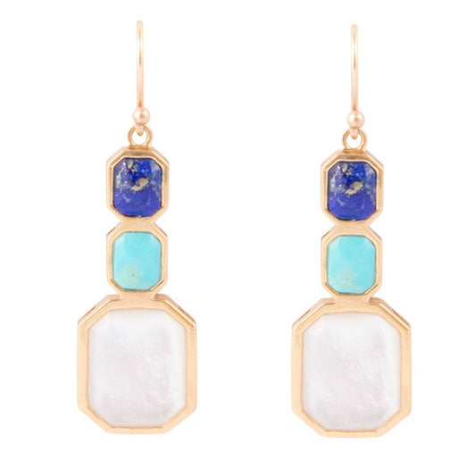 Barse Dual Color Blue Lapis Turquoise and Mother of Pearl Golden Earrings