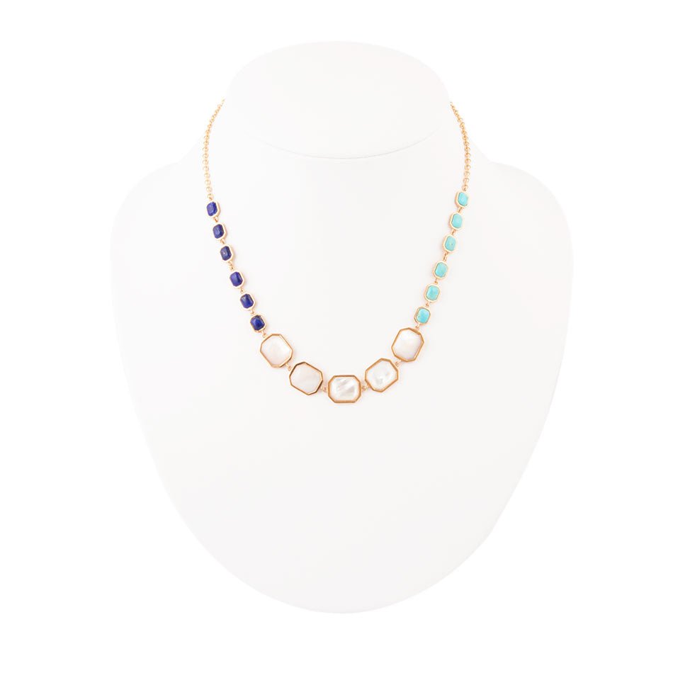Barse Dual Color Blue Lapis Turquoise and White Mother of Pearl Golden Necklace