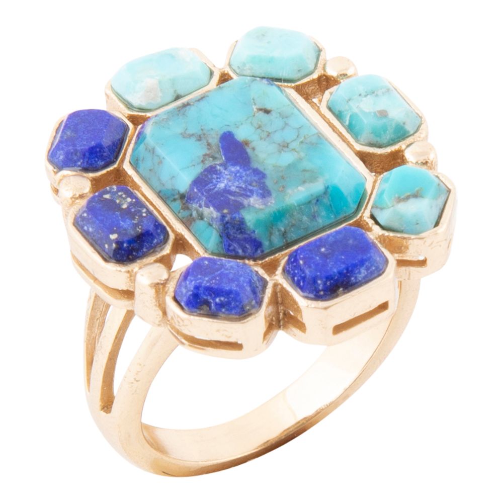 Barse Duality Blue Lapis and Turquoise Golden Statement Ring