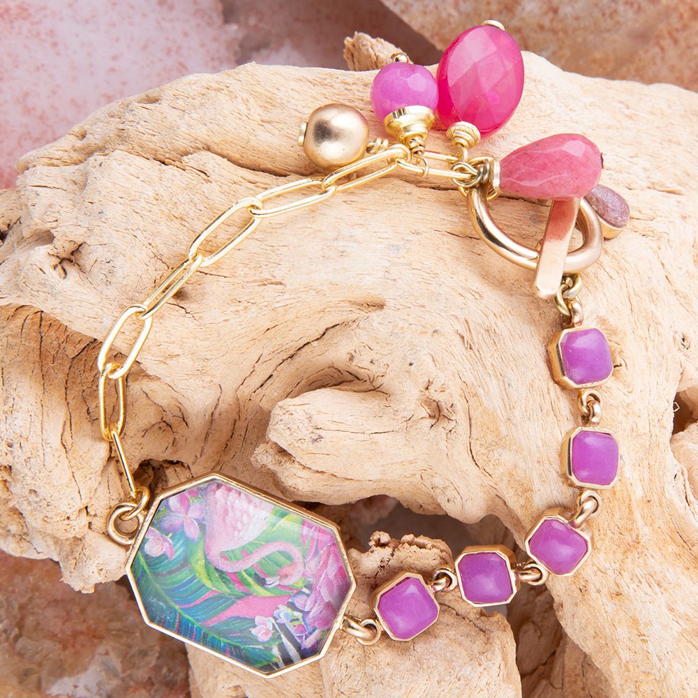 Barse Flamingo Pink Agate Golden Link Bracelet