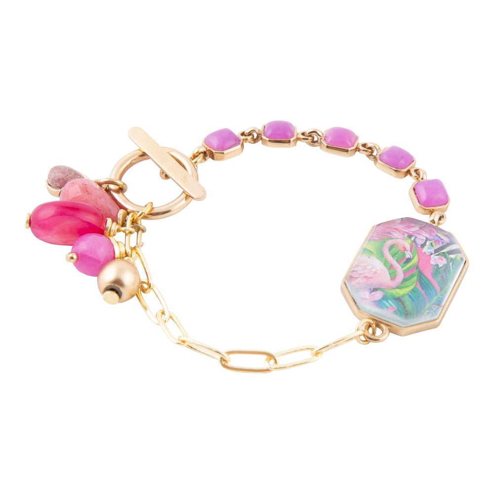 Barse Flamingo Pink Agate Golden Link Bracelet