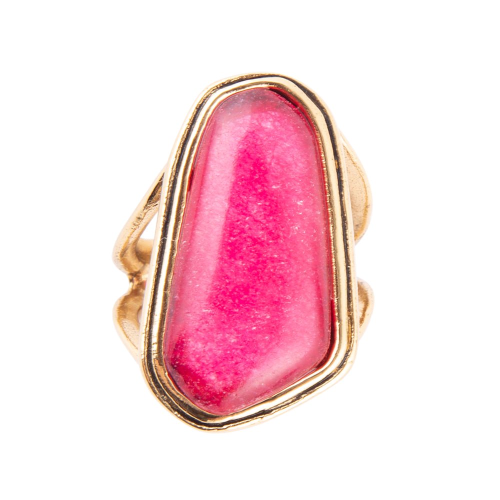 Barse Pink Fuchsia Agate and Golden Abstract Ring