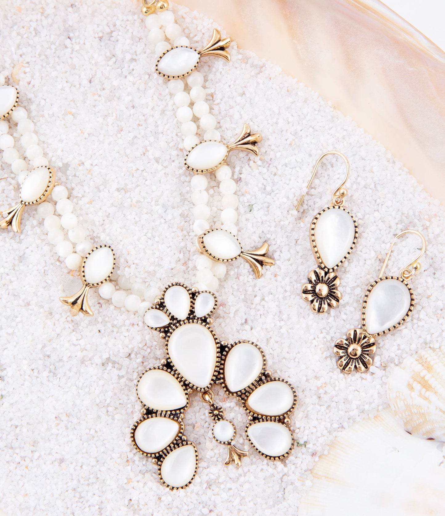 Barse Golden Flower and White Mother of Pearl Drop Earrings