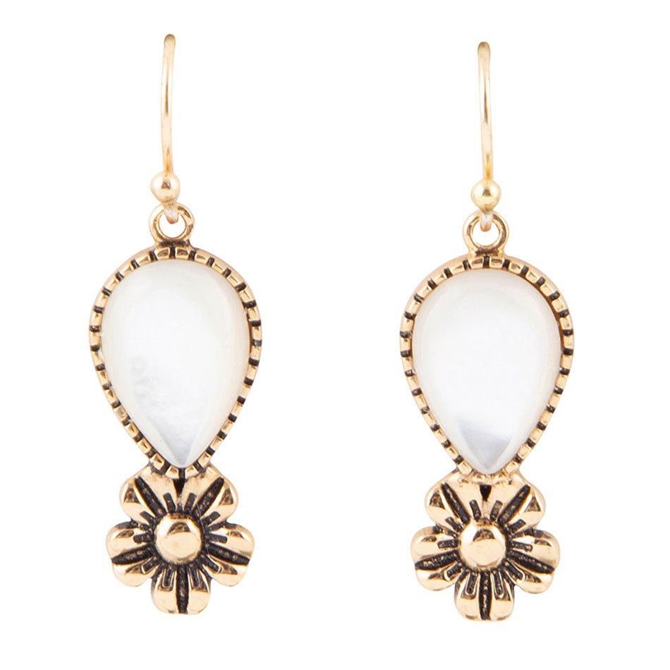 Barse Golden Flower and White Mother of Pearl Drop Earrings
