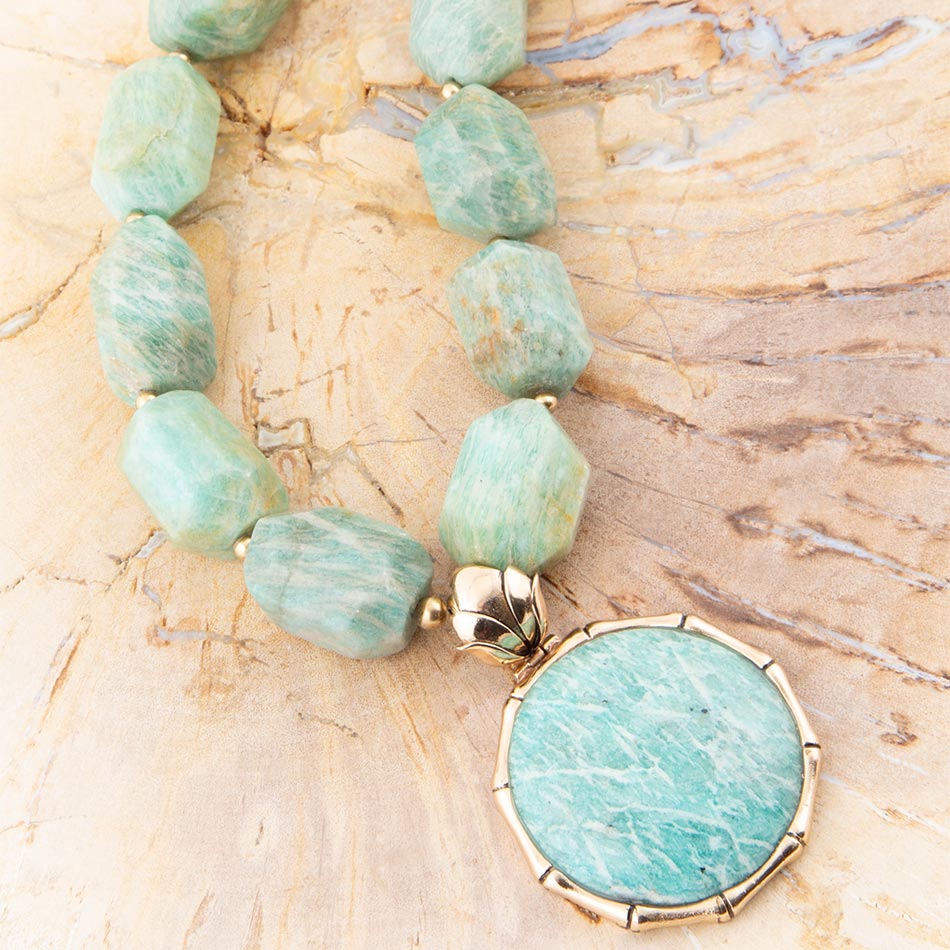 Barse Green Amazonite Golden Lotus Pendant Necklace