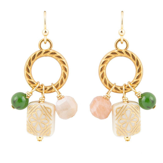 Barse Green Jade and Pink Sunstone Golden Drop Earrings