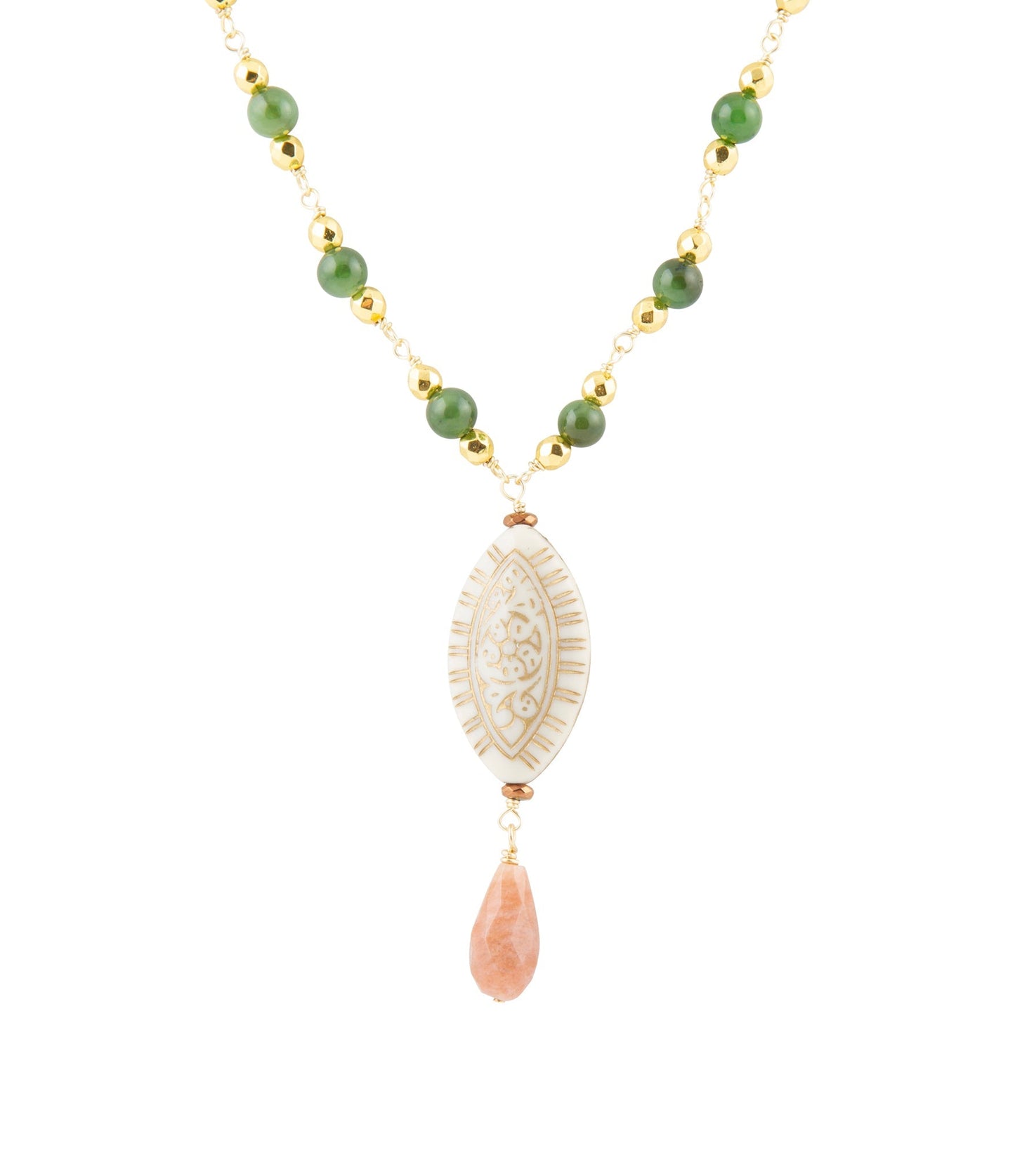 Green Jade and White Golden Pendant Necklace