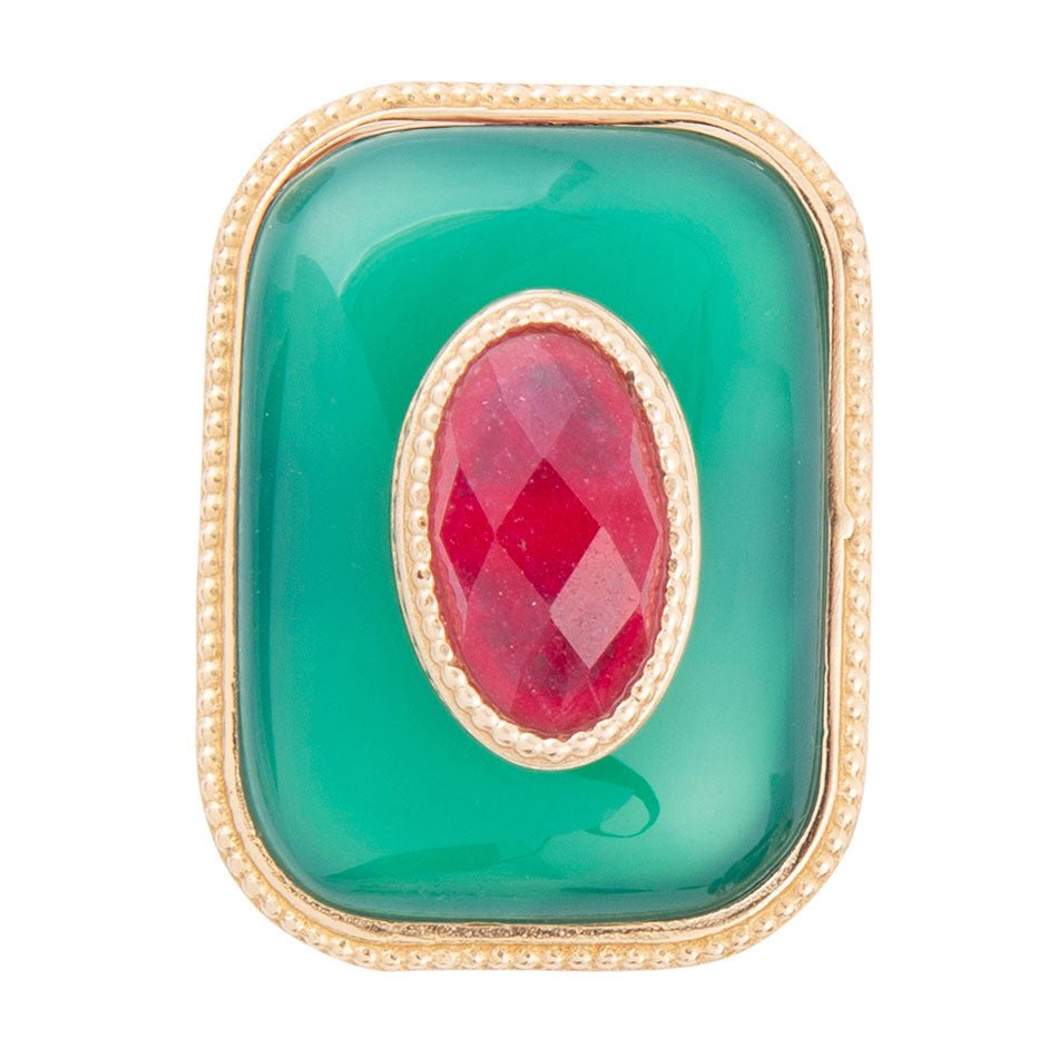 Barse Green Onyx Stacked Red Stone Golden Statement Ring