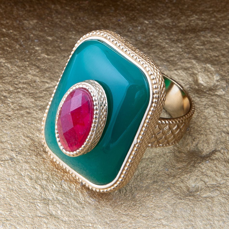 Barse Green Onyx Stacked Red Stone Golden Statement Ring