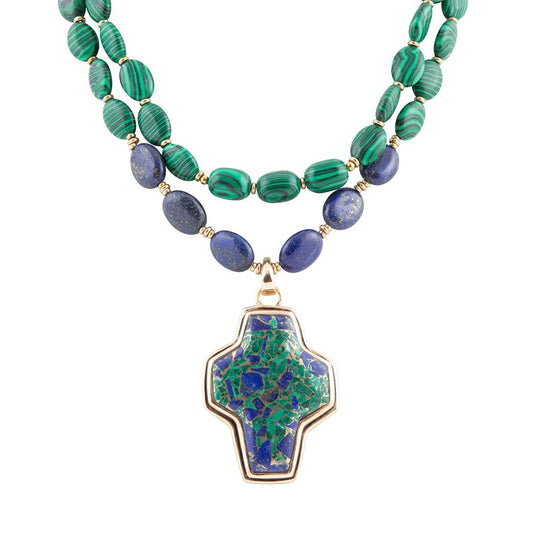 Barse Green Malachite Azurite Cross Statement Golden Necklace