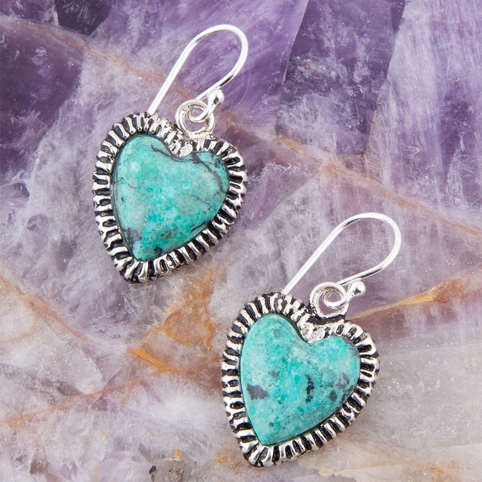 Heart Blue Chrysocolla Sterling Silver Drop Earrings