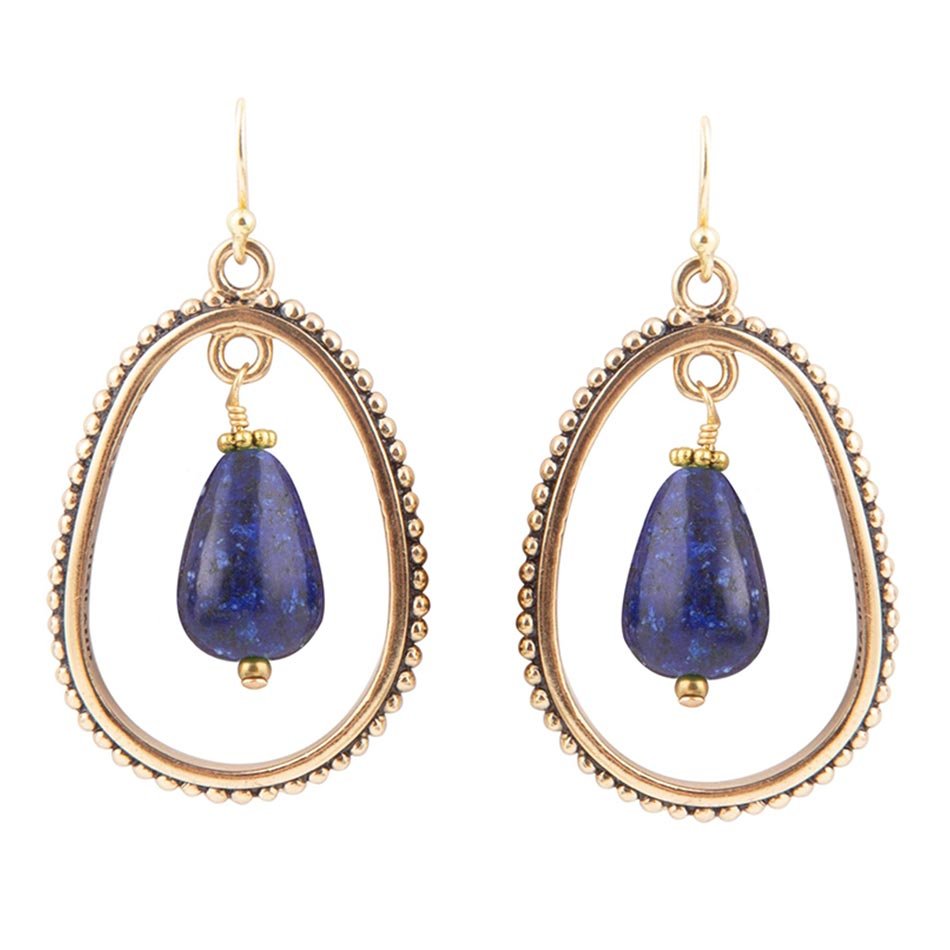 Barse Inline Blue Lapis Drop Golden Earrings