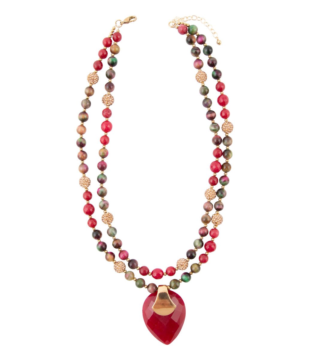 Barse Jeweled Multi-Color Tiger's Eye and Rasberry Quartz Pendant Golden Necklace