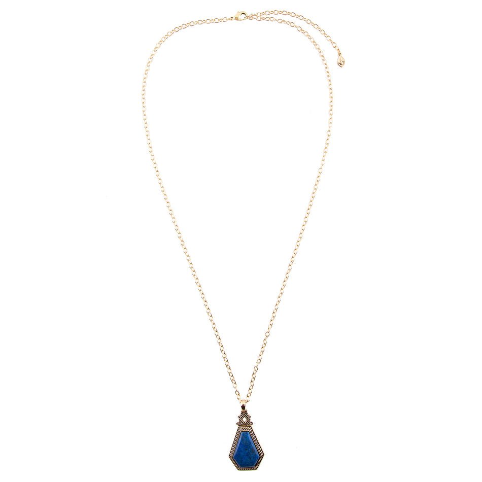 Barse Blue Lapis Golden Elongated Pendant Necklace