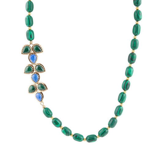 Barse Linked Blue Lapis and Green Malachite Golden Necklace