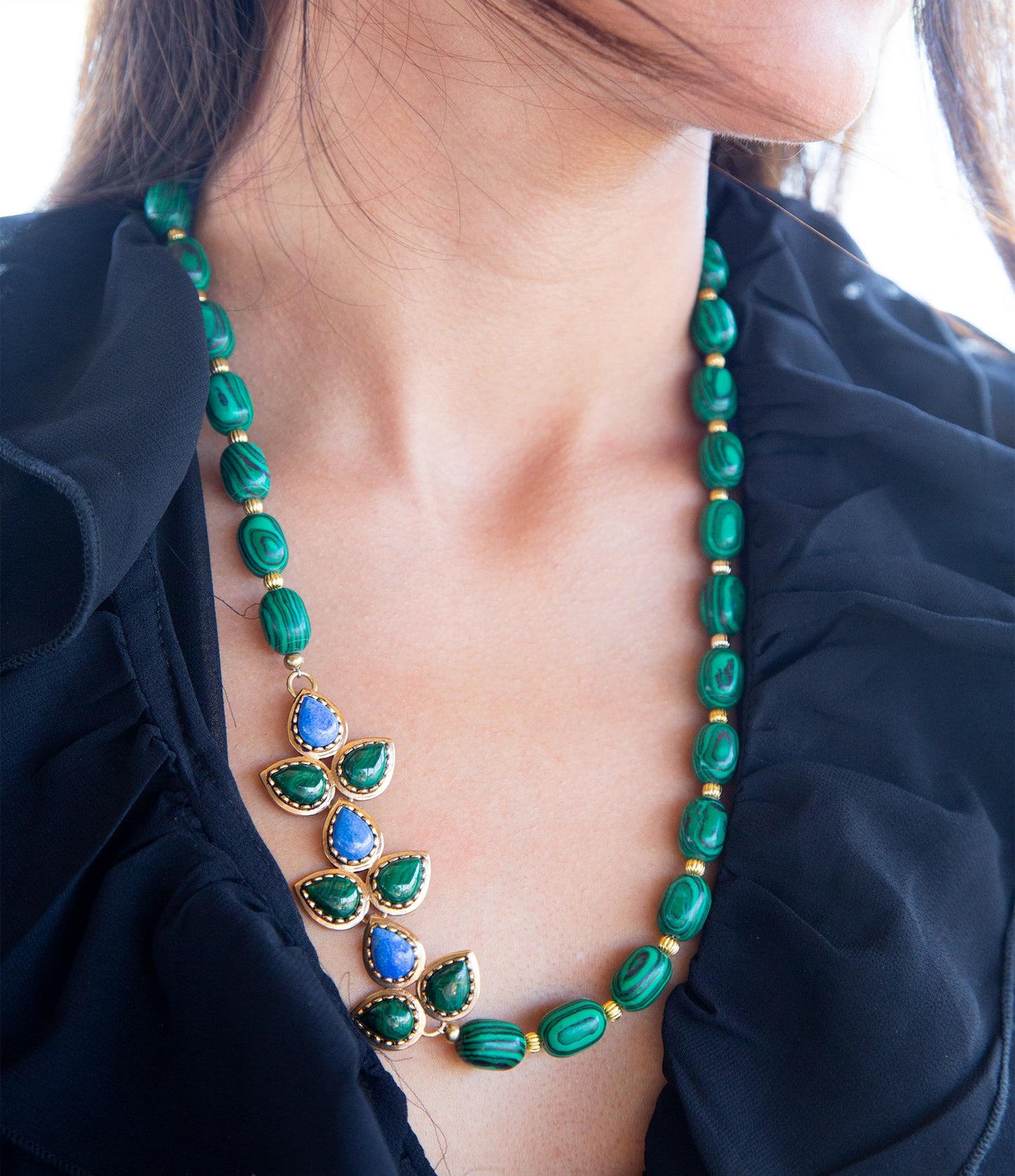 Barse Linked Blue Lapis and Green Malachite Golden Necklace