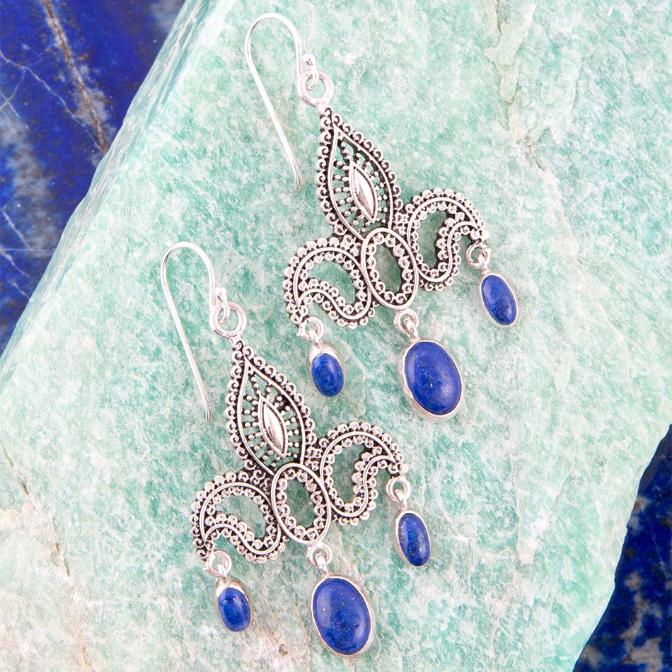 Barse Mehendi Blue Lapis and Sterling Silver Chandelier Earrings