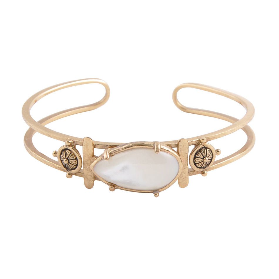 Barse White Mother of Pearl Open Golden Cuff Bracelet