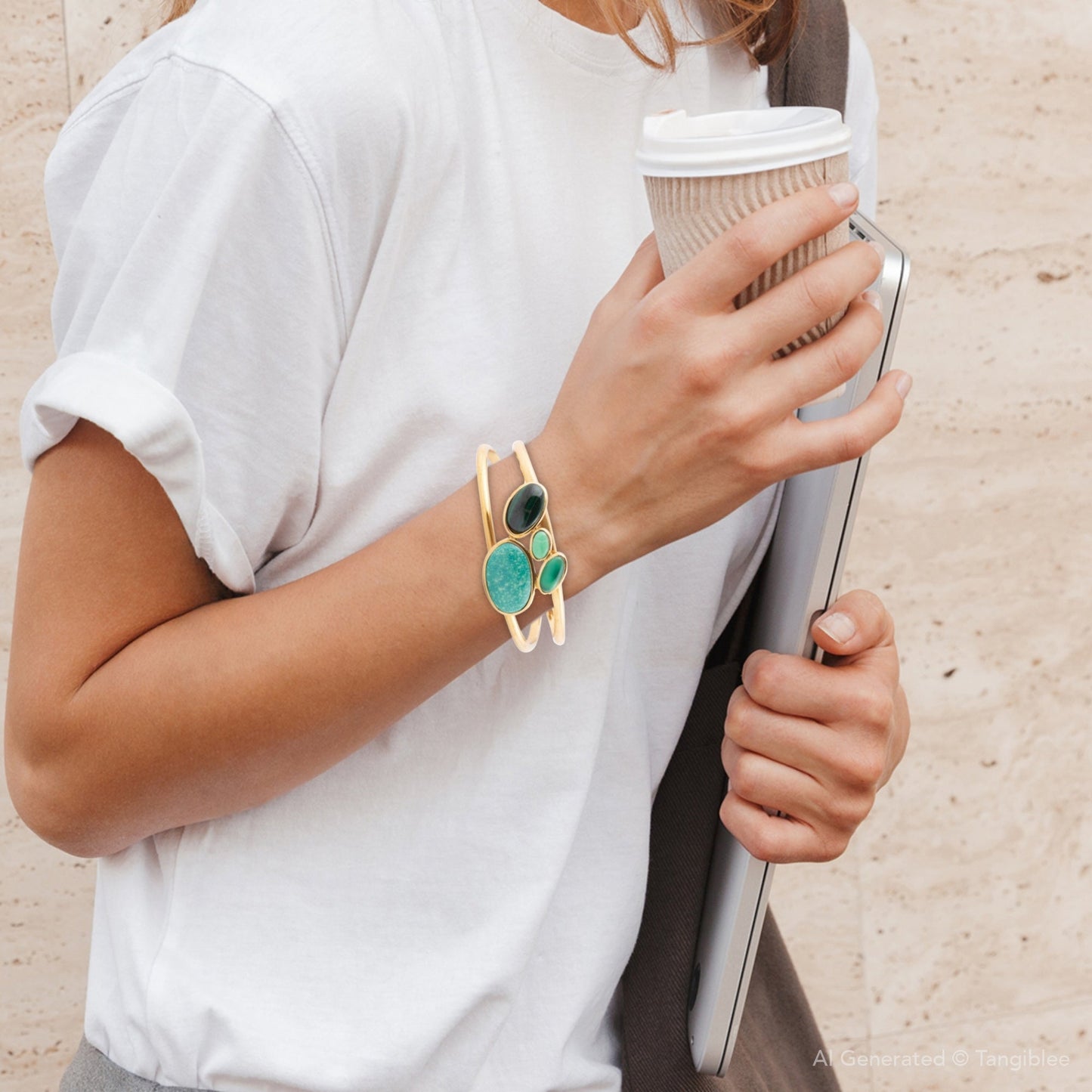 Multi Green Stones Golden Cuff Bracelets