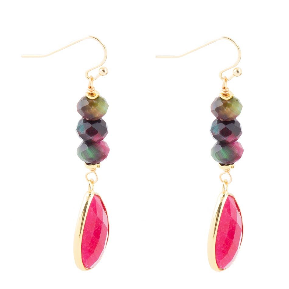 Jeweled Multicolor Tiger's Eye and Pink Agate Golden Drop Earrings