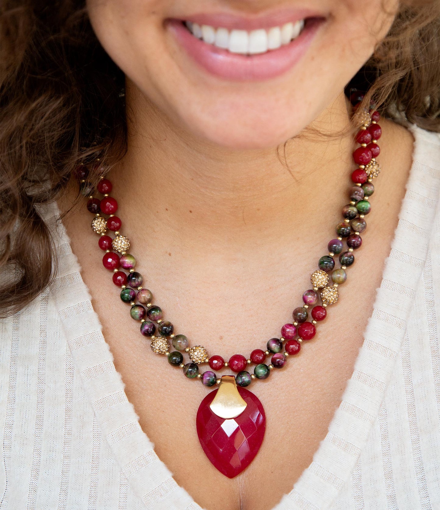 Barse Jeweled Multi-Color Tiger's Eye and Rasberry Quartz Pendant Golden Necklace