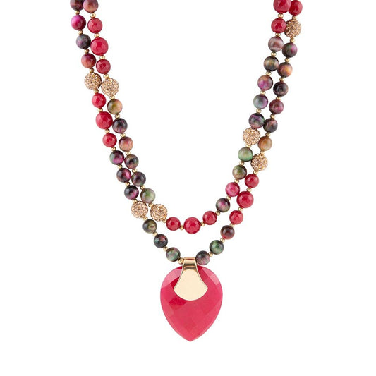 Barse Jeweled Multi-Color Tiger's Eye and Rasberry Quartz Pendant Golden Necklace