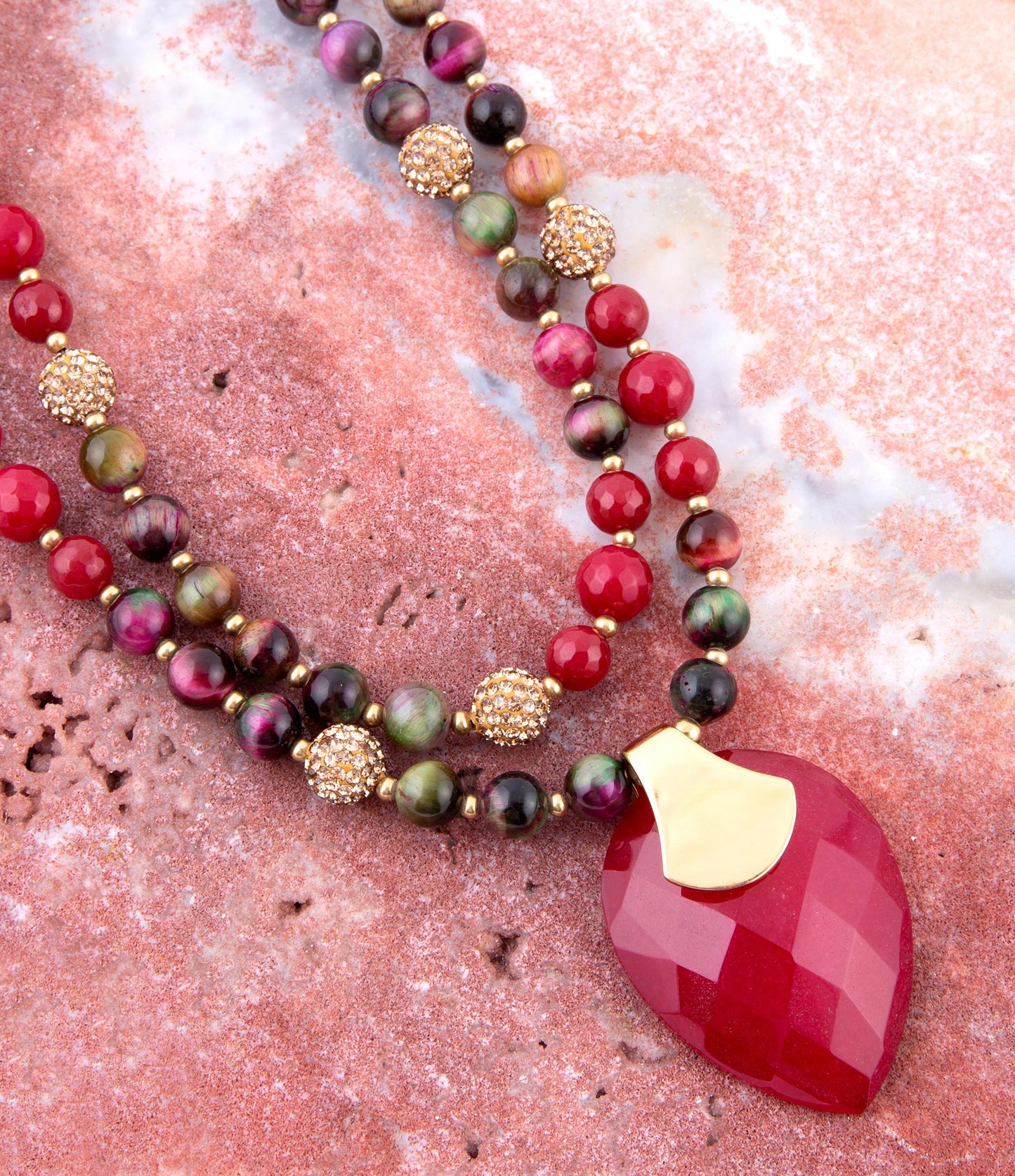 Barse Jeweled Multi-Color Tiger's Eye and Rasberry Quartz Pendant Golden Necklace