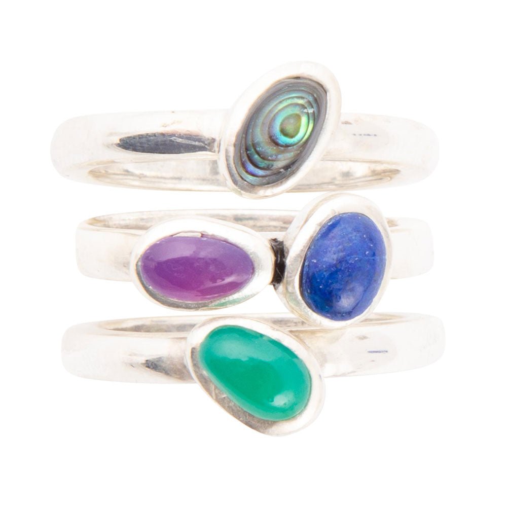 Barse Peacock Colorful Multi-Stone and Sterling Silver Ring Set