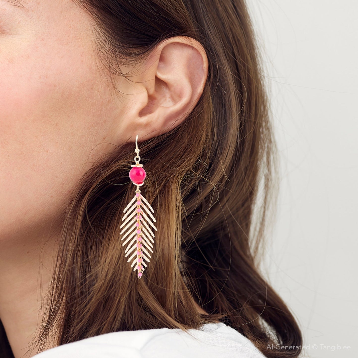Barse Peony Fuchsia Pink Jade Feather Drop Earrings