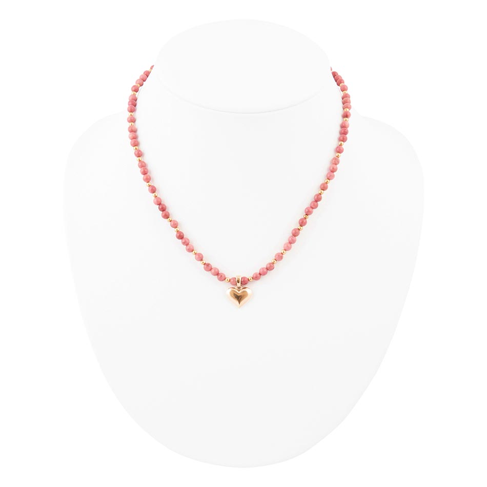 Barse Pink Rhodonite and Golden Bronze Heart Pendant Necklace