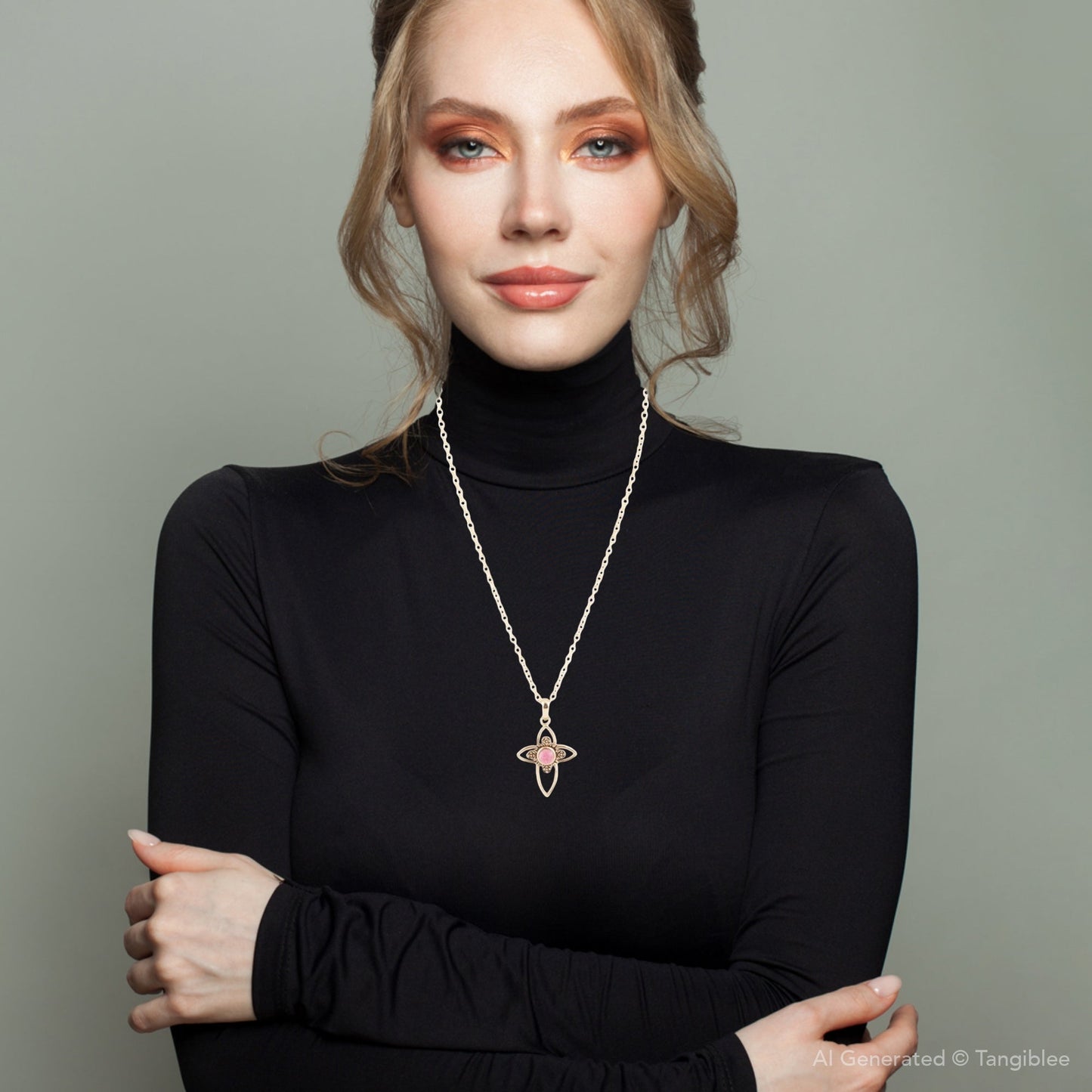 Barse Pink Rhodonite Golden Cross Pendant Necklace