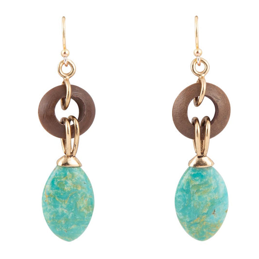 Barse Precious Green Turquoise and Wood Golden Bronze Drop Earrings
