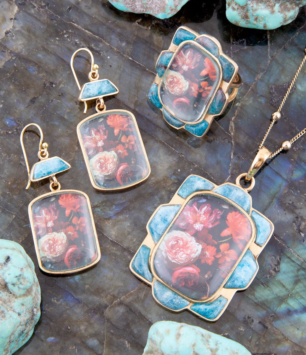 Scenic Dark Florals Blue Apatite Golden Drop Earrings
