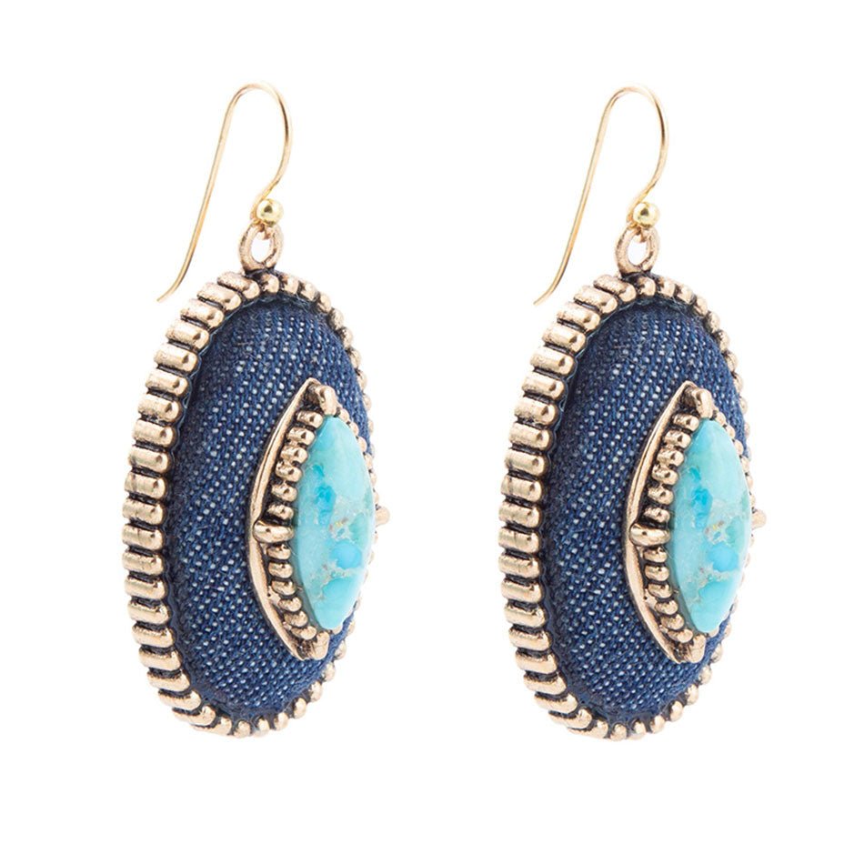 Barse Stacked Blue Turquoise and Denim Golden Drop Earrings